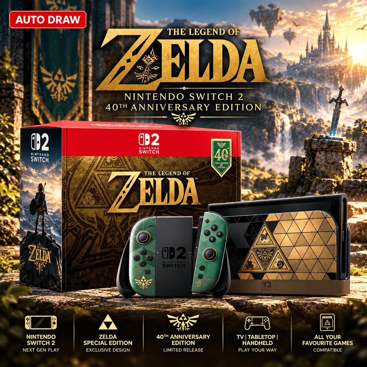 Nintendo Switch 2 Zelda 40th Anniversary Edition (Auto Draw)